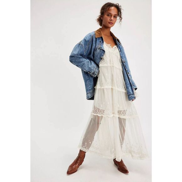 New Free People Stevie Maxi Dress Embroidered Sheer Mesh Ruffled Lined Sz Medium - Picture 2 of 9